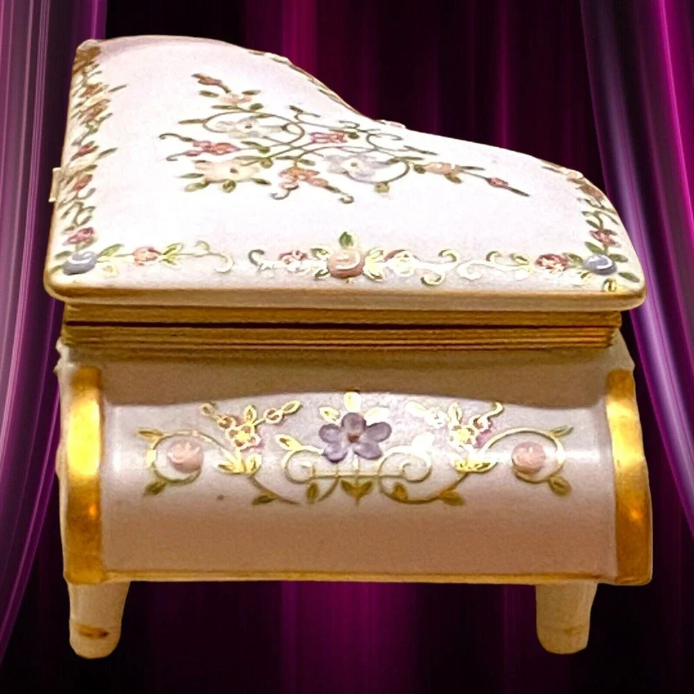Vintage Piano Trinket Box Jewelry Japan Raised Embellished Floral Gold Trim